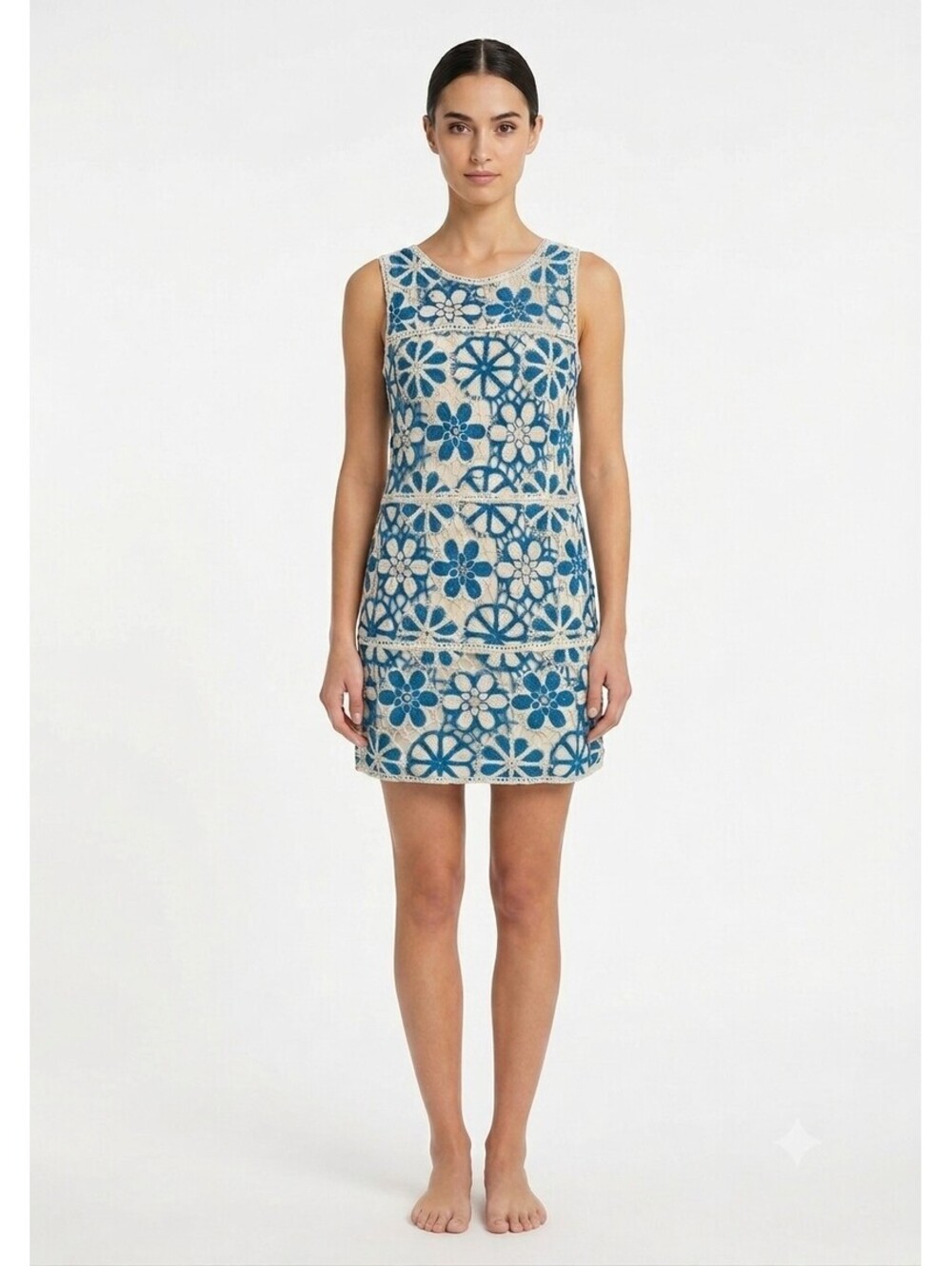 Kings Road Crochet Lace Mini Dress Large NWT Blue Cream Floral Lined Knit Boho